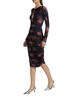 Floral Twist Neck Ruched Midi-Dress