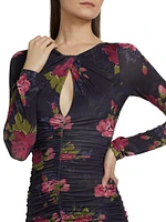 Floral Twist Neck Ruched Midi-Dress