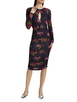 Floral Twist Neck Ruched Midi-Dress