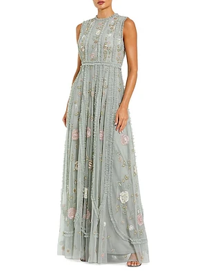 Evening Embellished Ruffled Mesh A-Line Gown