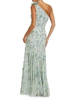 Evening Embellished Mesh One-Shoulder Trumpet Gown