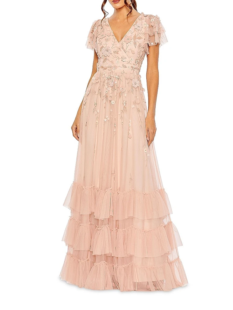 Ruffle-Tiered Embellished Wrap Gown
