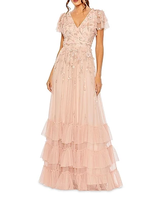 Ruffle-Tiered Embellished Wrap Gown