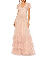 Ruffle-Tiered Embellished Wrap Gown