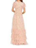 Ruffle-Tiered Embellished Wrap Gown