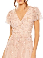 Ruffle-Tiered Embellished Wrap Gown