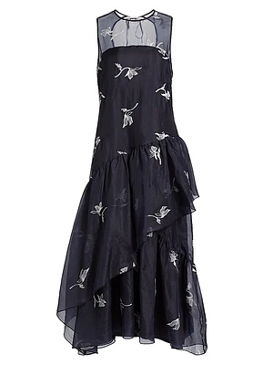 Roberta Embroidered Ruffle Silk Midi-Dress