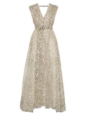 Silk Ethnic Print Organza Belted Dress