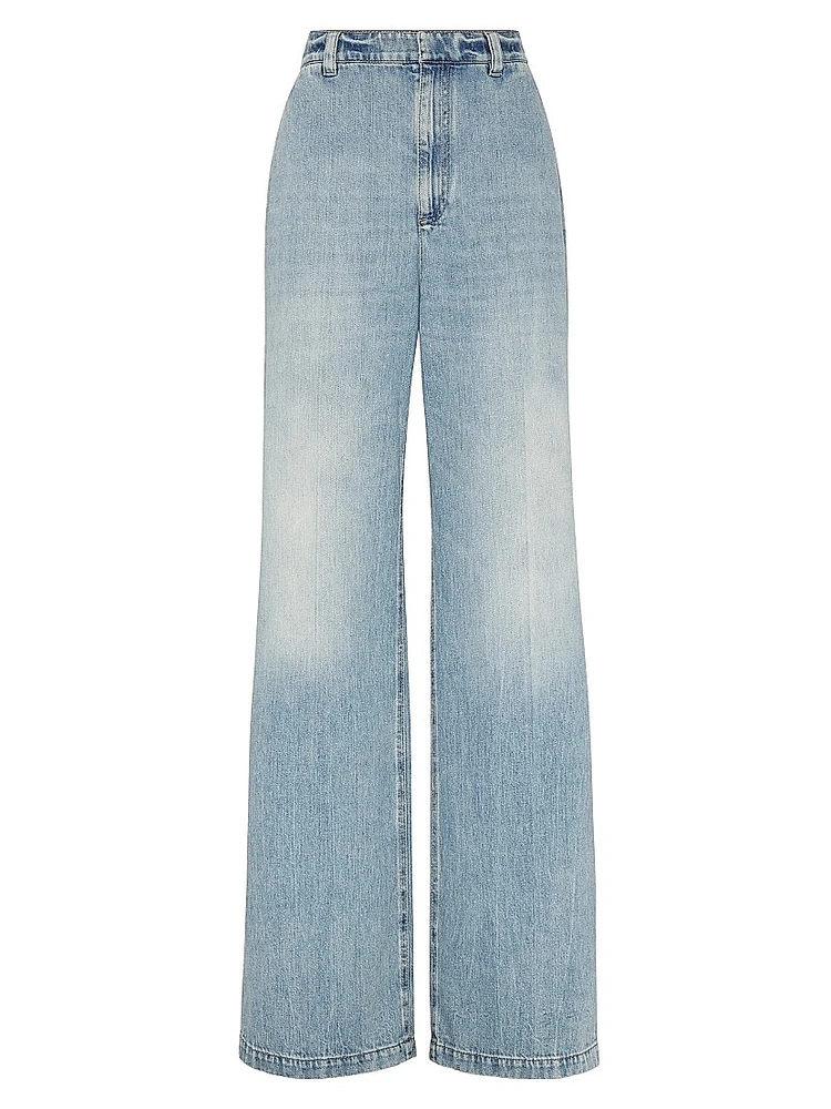 Soft Denim Low Slung Trousers with Adjustable Waist and Monili