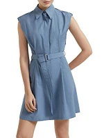 Techno Cotton Texture Twill Belted Mini Shirt Dress