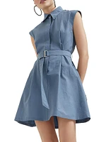 Techno Cotton Texture Twill Belted Mini Shirt Dress
