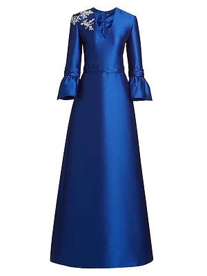Satin Embroidered-Shoulder A-Line Gown