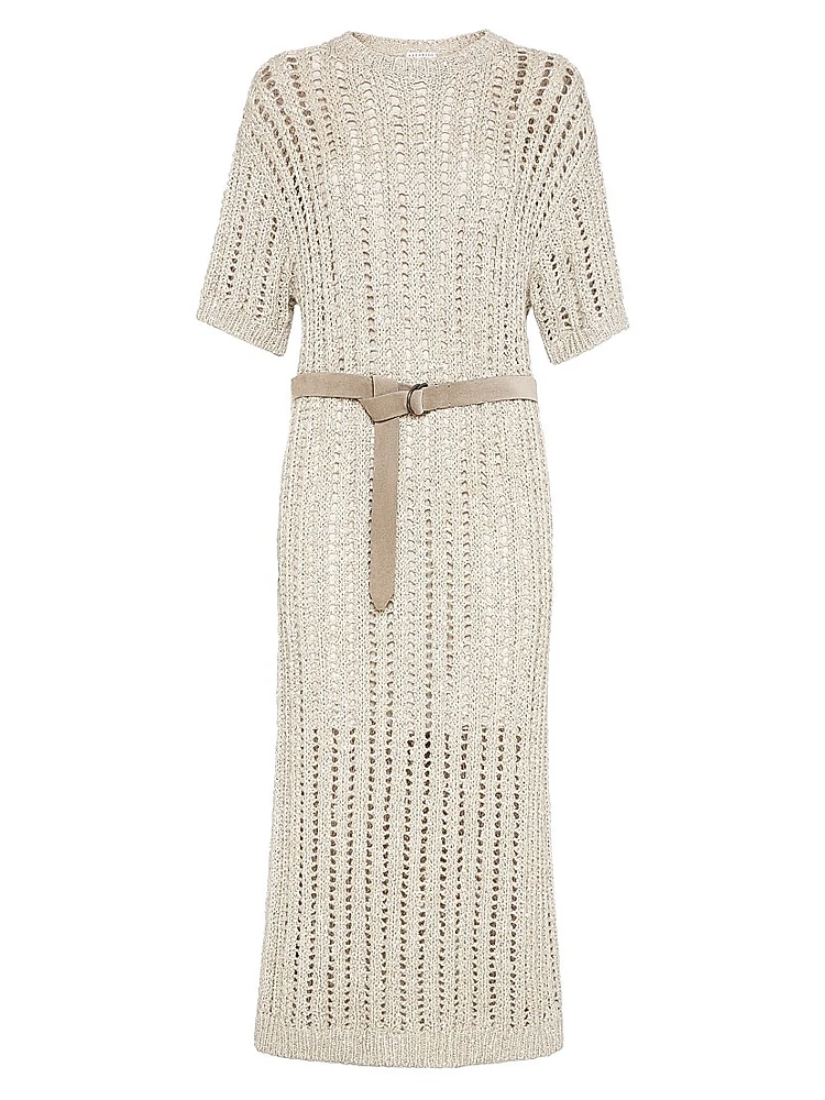 Dazzling Silk and Linen Openwork Rib Knit Dress with Suede Belt