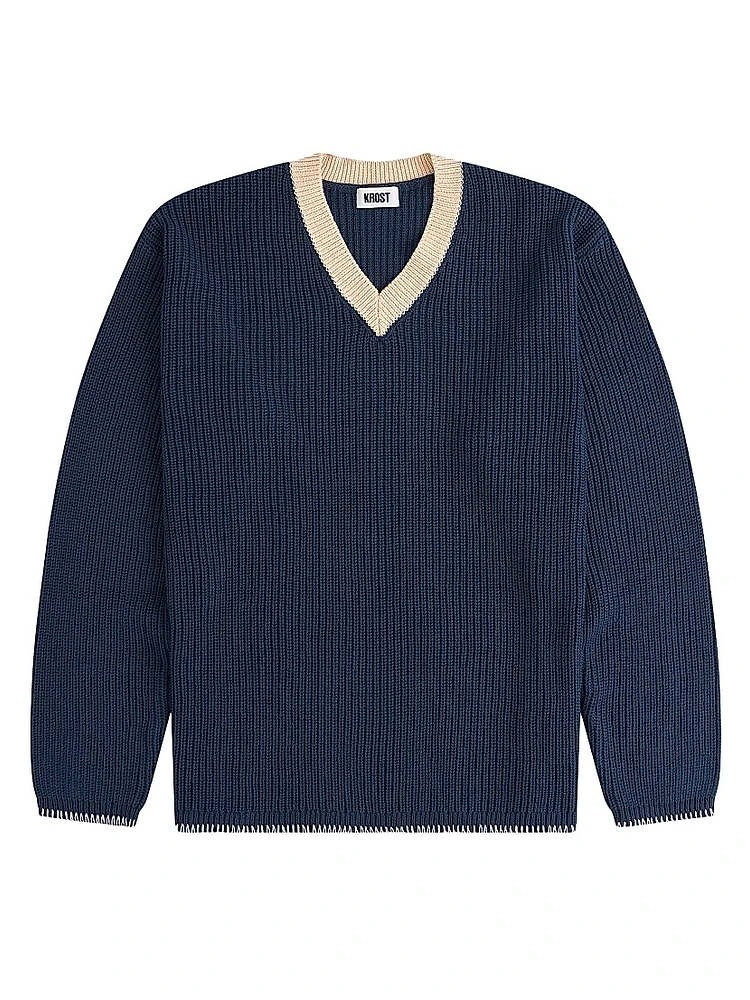 Rib Knit V-Neck Long-Sleeve Sweater