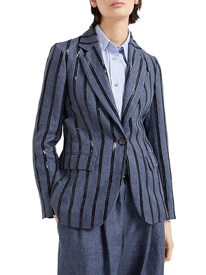 Denim Effect Linen Blazer with Dazzling Stripe Embroidery