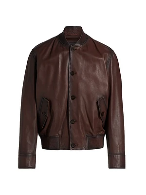 Leather Button-Front Bomber Jacket