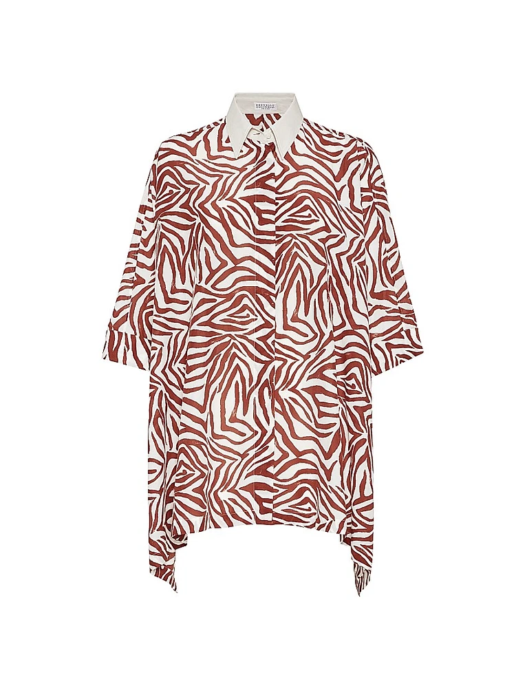 Cotton and Silk Ethnic Print Poplin Shirt with Monili