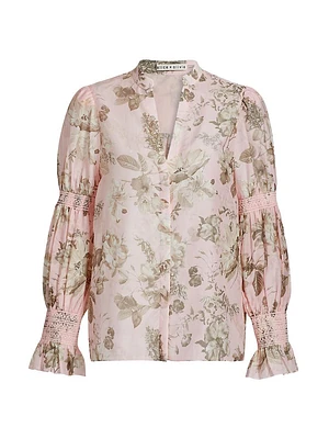 Ilan Floral Smocked Cotton-Silk Blouse