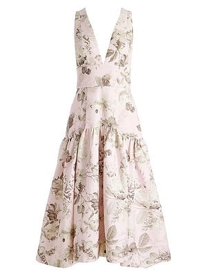 Lila Floral Linen-Blend Midi-Dress