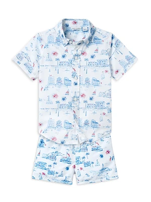 Little Boy's & Toile Americana Short-Sleeve Shirt Swim Shorts Set