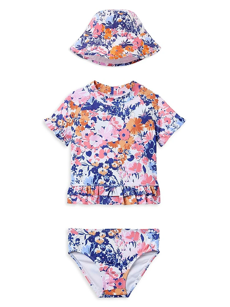 Little Girl's & Ruffle Rashguard, Swimsuit, Hat Set