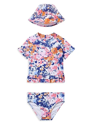 Little Girl's & Ruffle Rashguard, Swimsuit, Hat Set