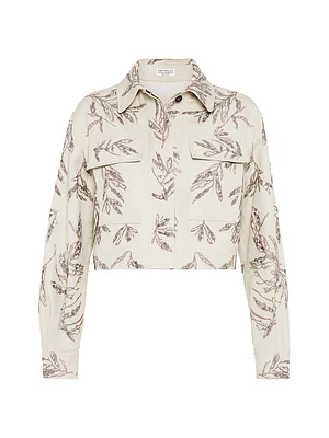 Cotton and Linen Canvas Outerwear Jacket with Glistening Herbarium Embroidery