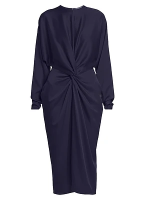 Satin Twist-Front Long-Sleeve Midi-Dress
