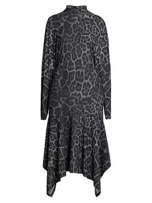 Asymmetric Leopard-Print Mock-Turtleneck Midi-Dress