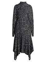 Asymmetric Leopard-Print Mock-Turtleneck Midi-Dress