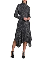 Asymmetric Leopard-Print Mock-Turtleneck Midi-Dress