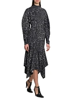 Asymmetric Leopard-Print Mock-Turtleneck Midi-Dress