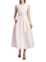 Taffeta Belted Drop-Waist Midi-Dress