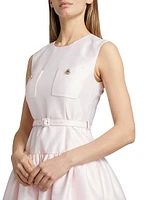 Taffeta Belted Drop-Waist Midi-Dress