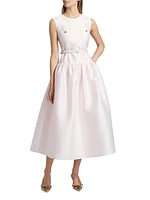 Taffeta Belted Drop-Waist Midi-Dress