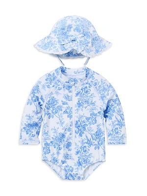 Baby Girl's Floral Rashguard Swimsuit & Hat Set