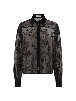 Crispy Silk Shirt with Glistening Herbarium Embroidery