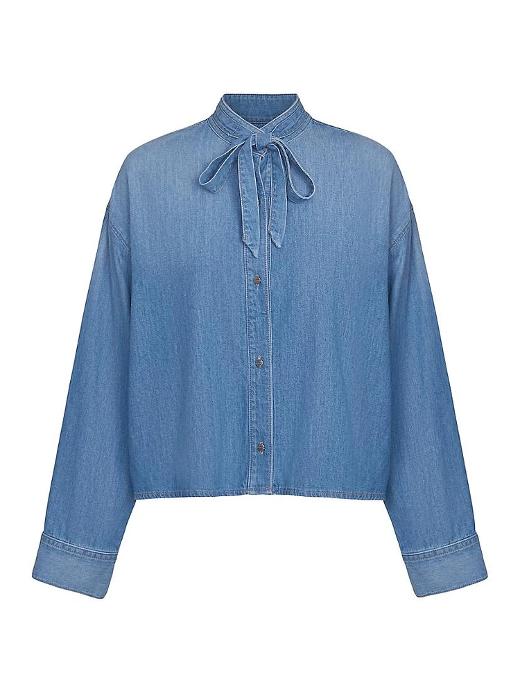 Tie-Neck Denim Button-Front Shirt