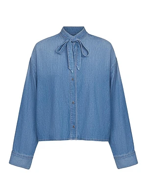 Tie-Neck Denim Button-Front Shirt