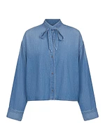 Tie-Neck Denim Button-Front Shirt