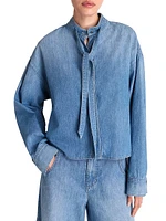 Tie-Neck Denim Button-Front Shirt