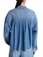 Tie-Neck Denim Button-Front Shirt