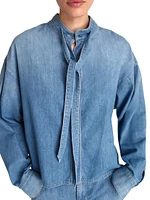 Tie-Neck Denim Button-Front Shirt