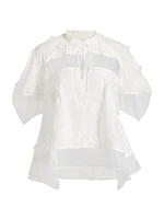 Embroidered Cotton Voile & Chiffon Flounce Top