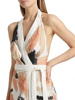 Izzy Floral Linen-Blend Halterneck Wrap Minidress