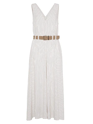Comfort Linen and Cotton Chalk Stripe Twill Belted Dress with Monili