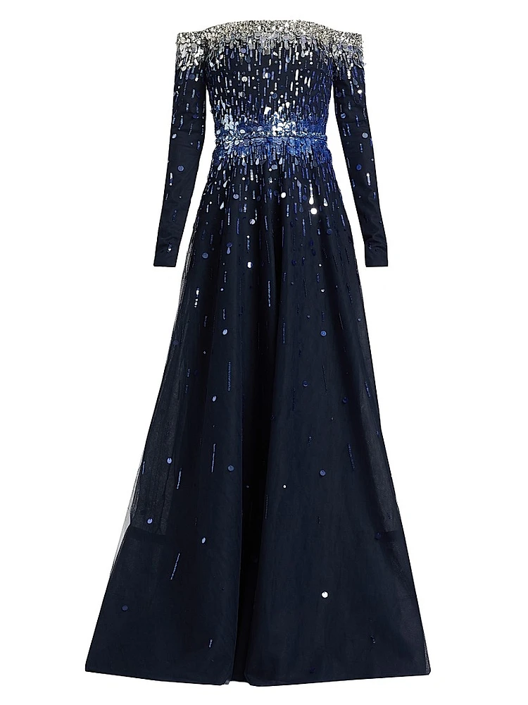 Embellished Off-The-Shoulder Tulle Gown