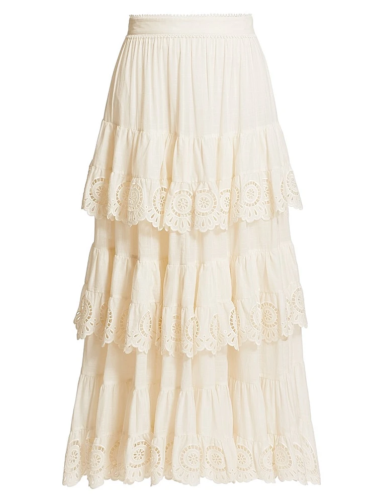 Lucky Embroidered Tiered Cotton Midi-Skirt