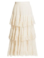 Lucky Embroidered Tiered Cotton Midi-Skirt