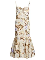 Coco Leaf-Printed Linen Midi-Dress